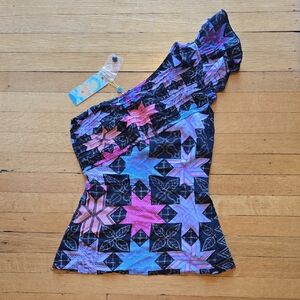 NWT,Plenty by Tracy Reese Hawaiian Quilt Star Print One Shoulder Silk Top,  0